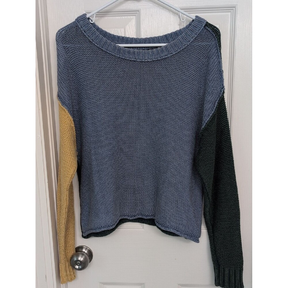 Colorblock Crewneck Cotton Sweater - Blue, Yellow & Dark Green